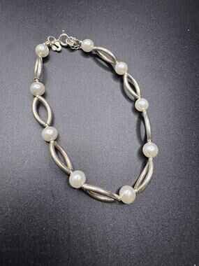Vintage Sterling Silver 925 Modernist Freshwater Pearl Bracelet Sz 7"